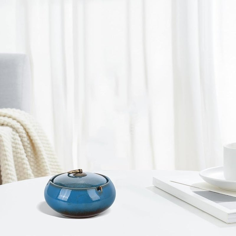 منفضة سجائر خزفية بغطاء مقاوم للرياح كبيرة زرقاء بدون دخان لمكتب المنزل أو الفناء - Image 4